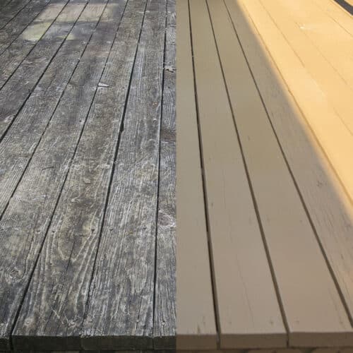 Before and after deck restoration side by side comparison.