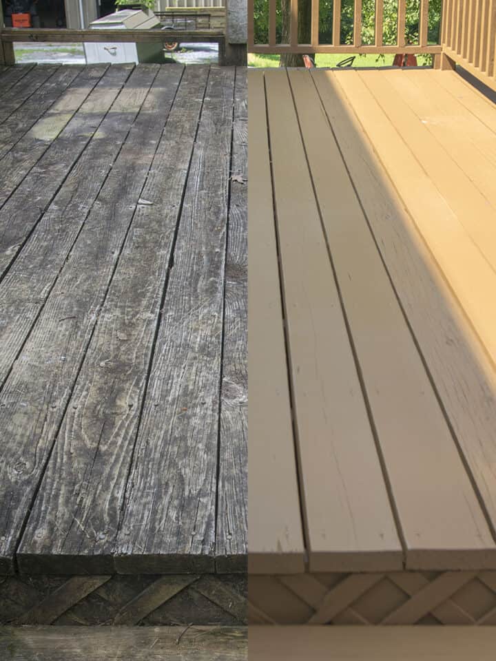 Before and after deck restoration side by side comparison.