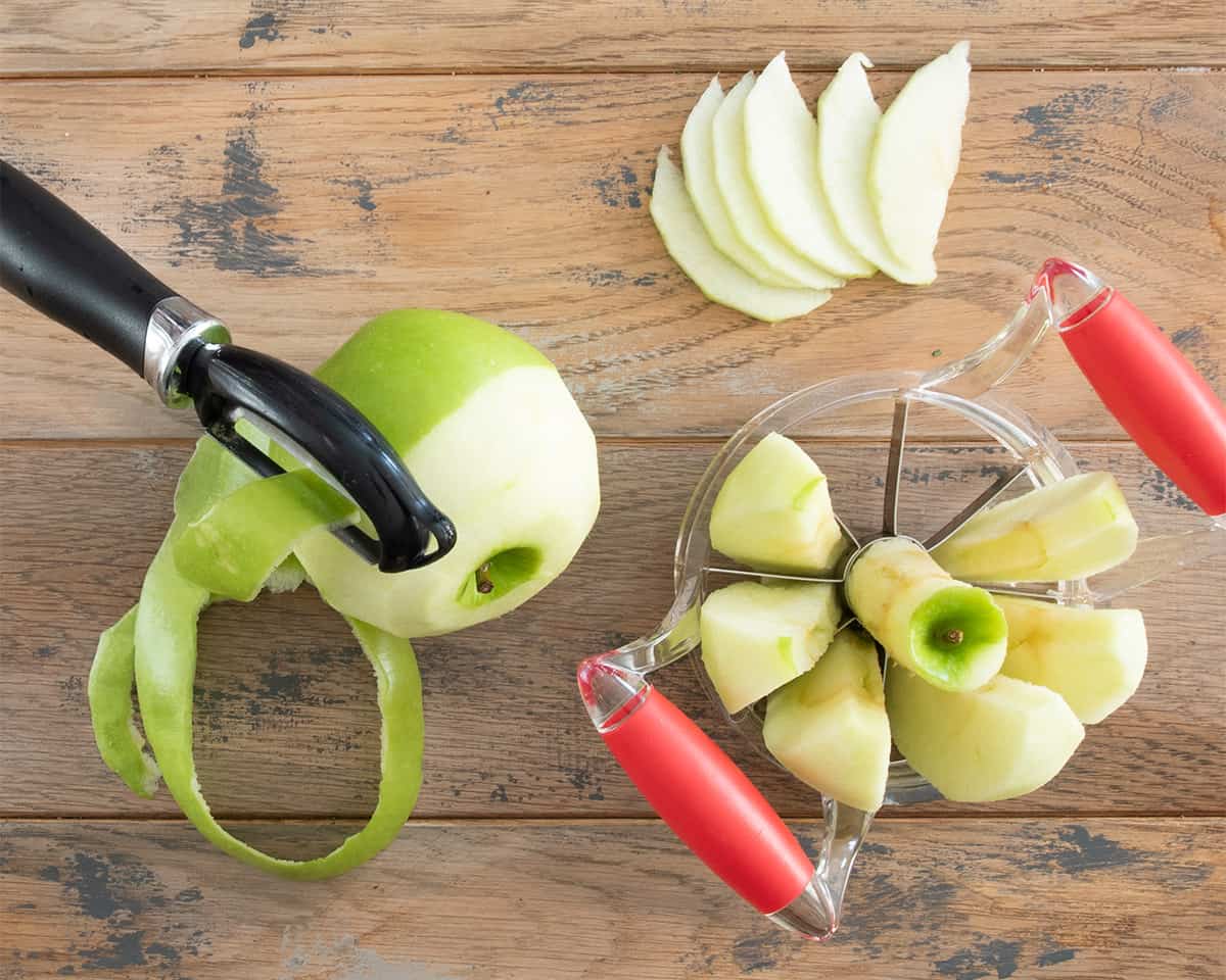 Steps to peeling, coring, and slicing apples.
