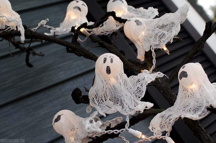 Ghost lights made from ping pong balls and cheesecloth.