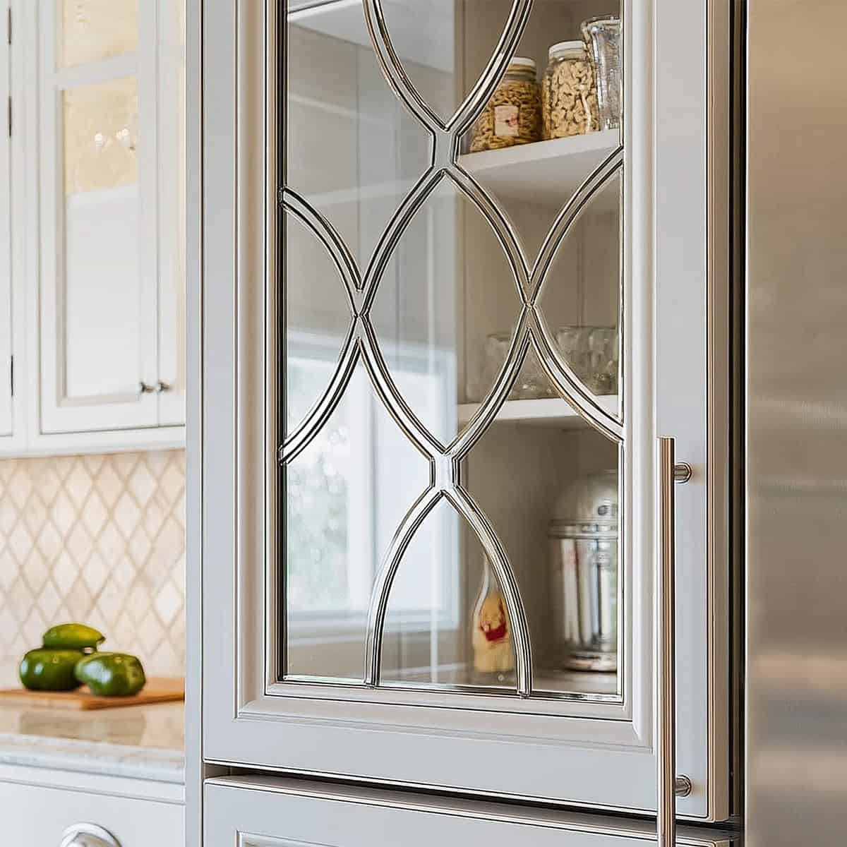 A mirrored door refrigerator with decorative detail on door.