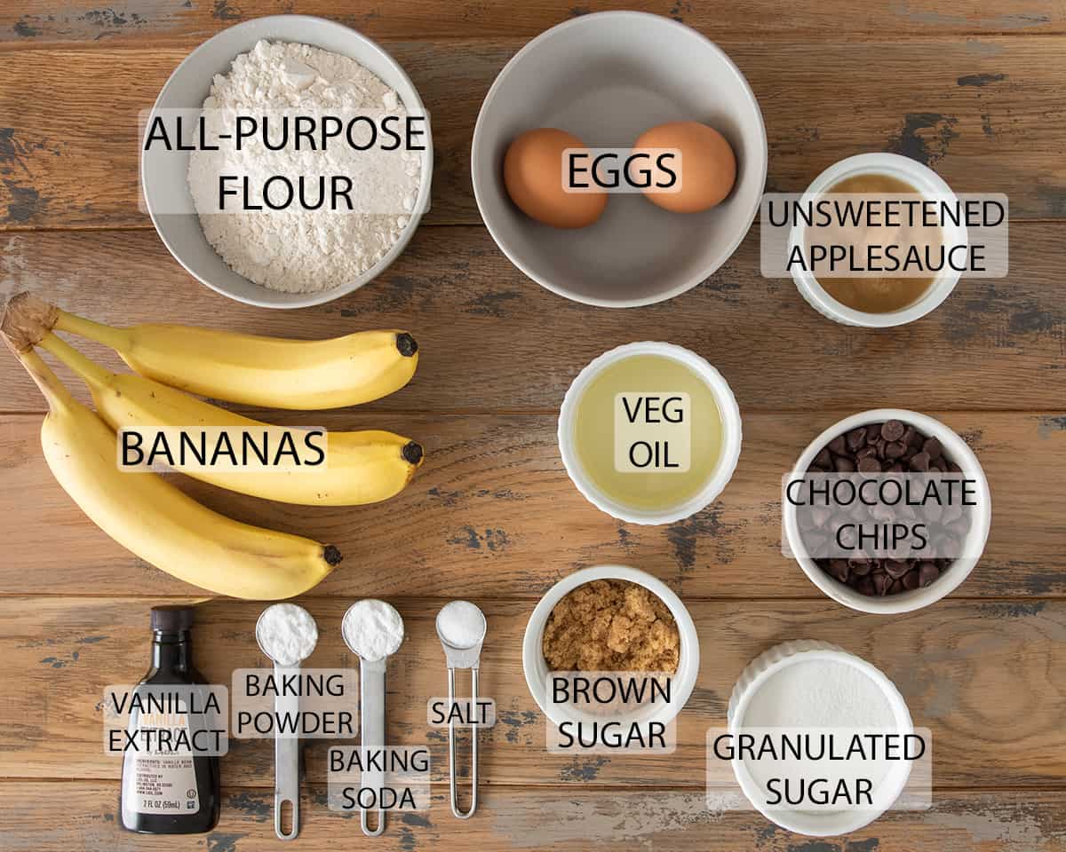 Ingredients for Banana muffins with text labels.