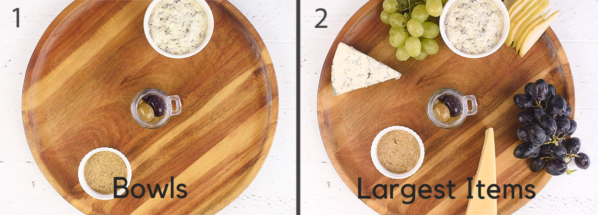 Steps 1 and 2 of making an easy charcuterie board including bowl placement and adding large cheese wedges.