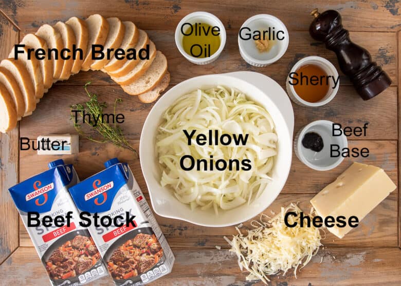 French onion soup recipe ingredients with text labels.