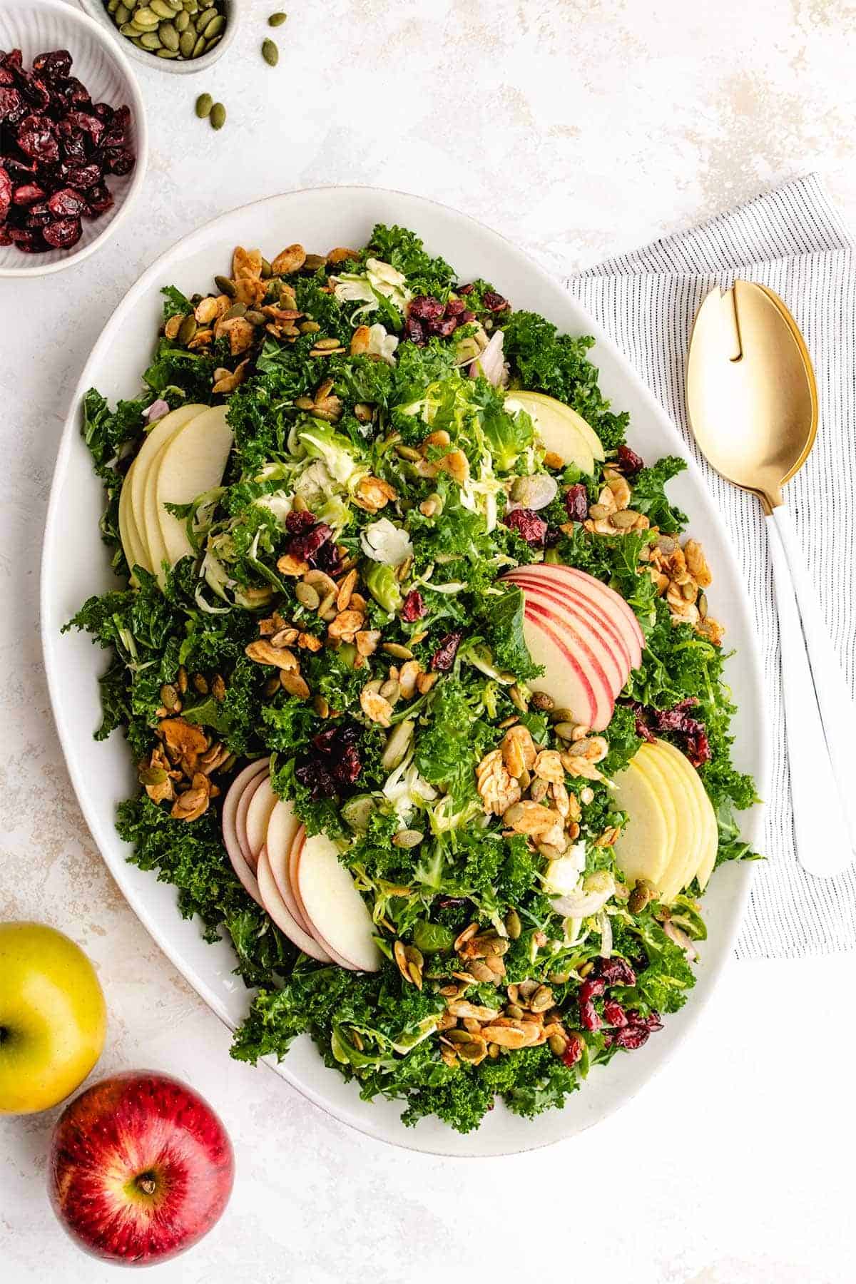 Kale and brussel sprout salad with apples, cranberries, and seeds sprinkled on top.