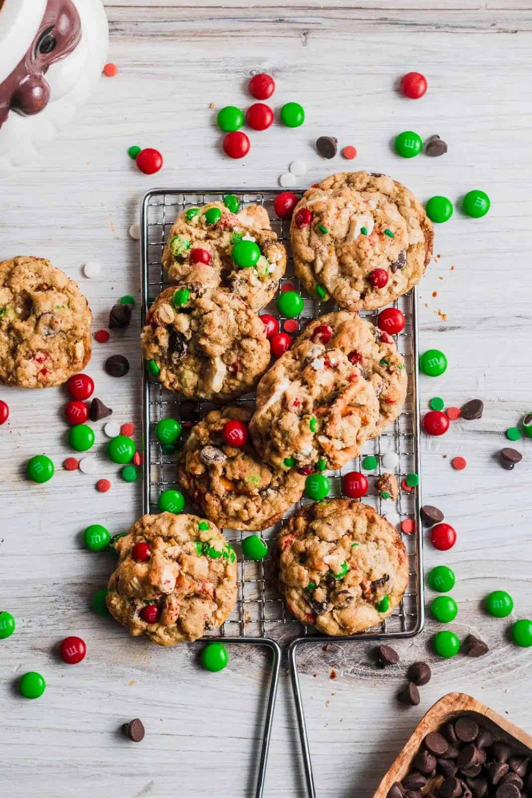 Oatmeal cookies with M&Ms and filled with chocolate chips and pretzels.