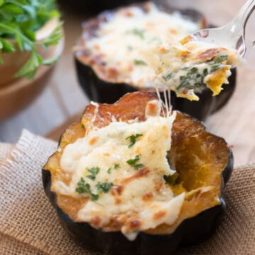 Spinach stuffed squash with a spoon scooping the filling out to show the melted cheese and spinach filling.