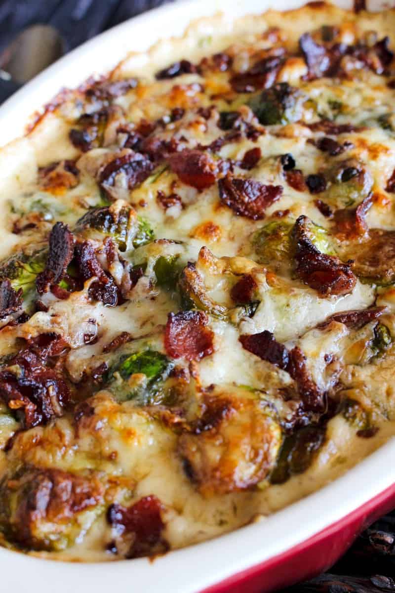 Brussel sprouts au gratin casserole in a baking dish.