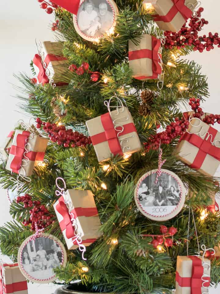 DIY Christmas Advent tree for with gift boxes and family names.