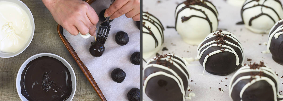 Dipping oreo balls in chocolate and decorating.