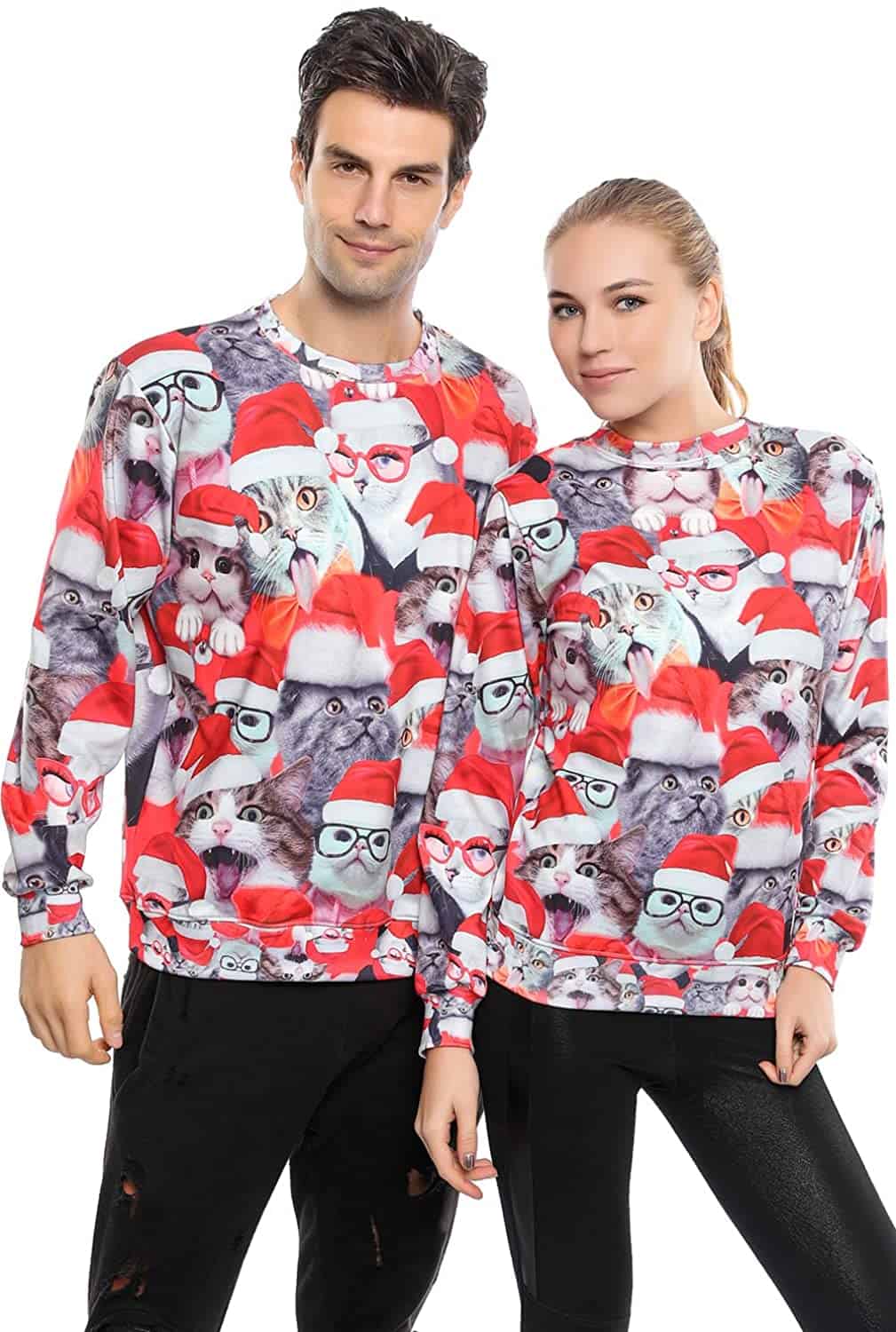 Couple wearing Santa cat sweatshirts.