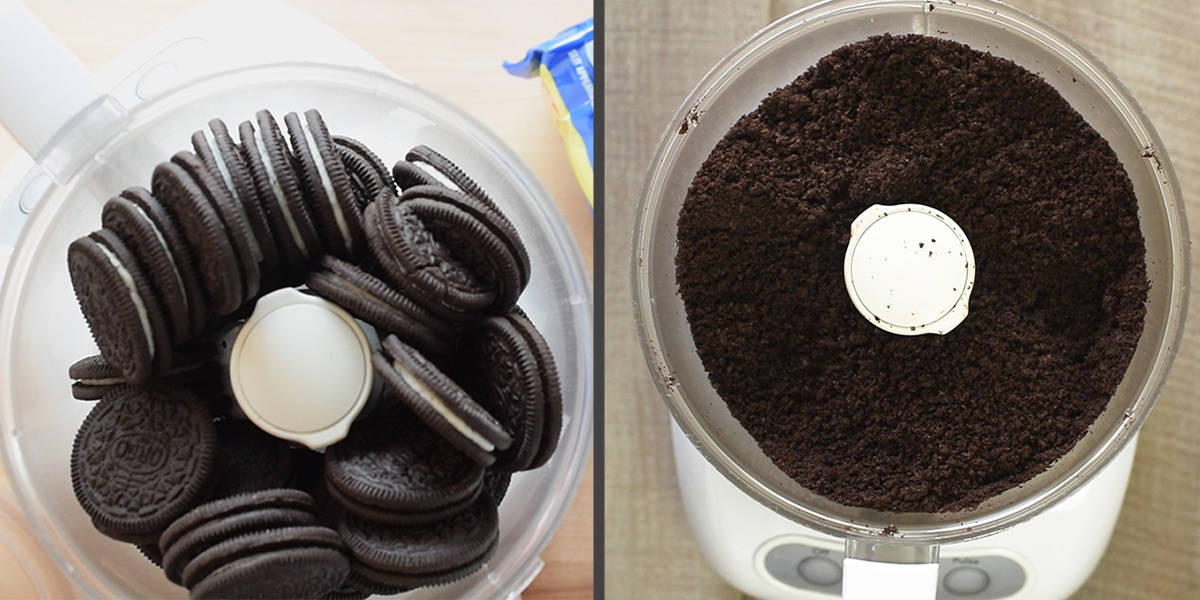 Whole Oreos in a food processor and after they are finely crushed.