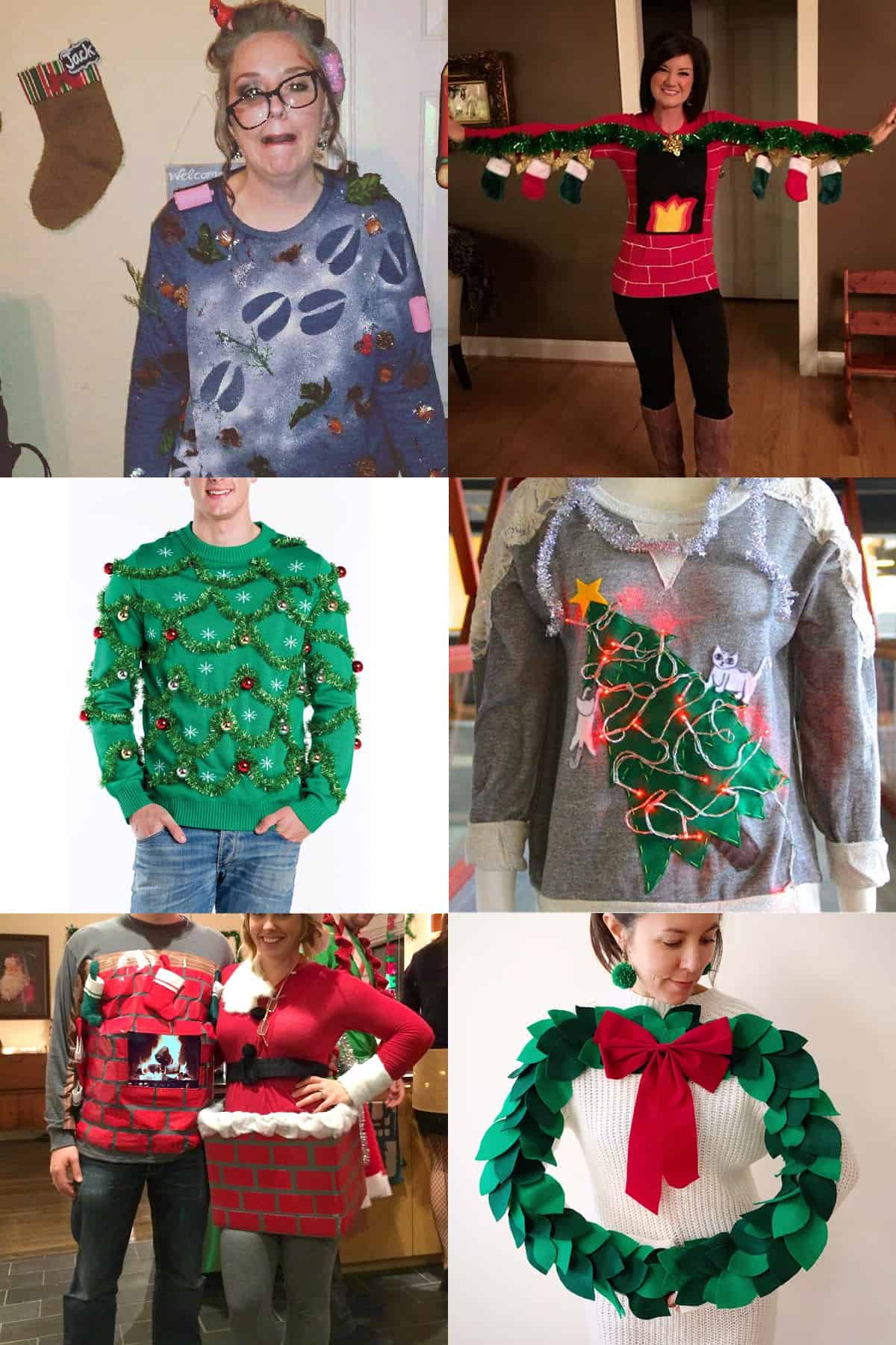 Collage of diy ugly sweater ideas you can make yourself featuring tinsel, lighted sweaters, jingle bells and Christmas embellishments.