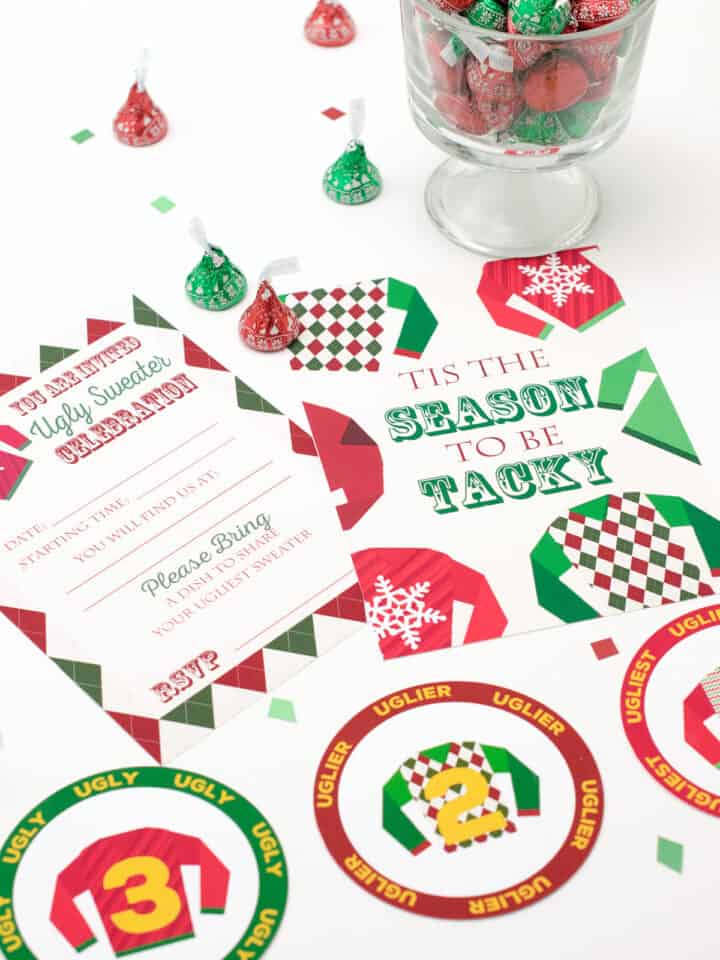 Free printable Christmas invitations for ugly Christmas sweater party next to bowl of Hershey's kisses