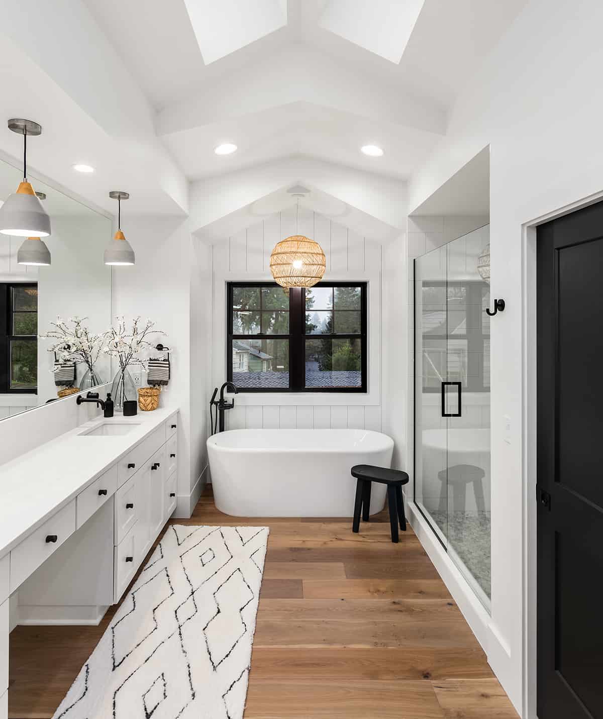Modern Farmhouse bathroom with white walls and black accents.