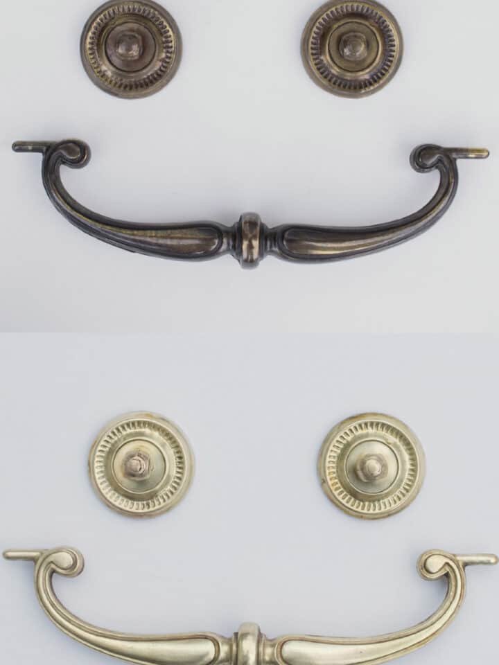 Before and after of cleaning tarnished brass to make it bright again.