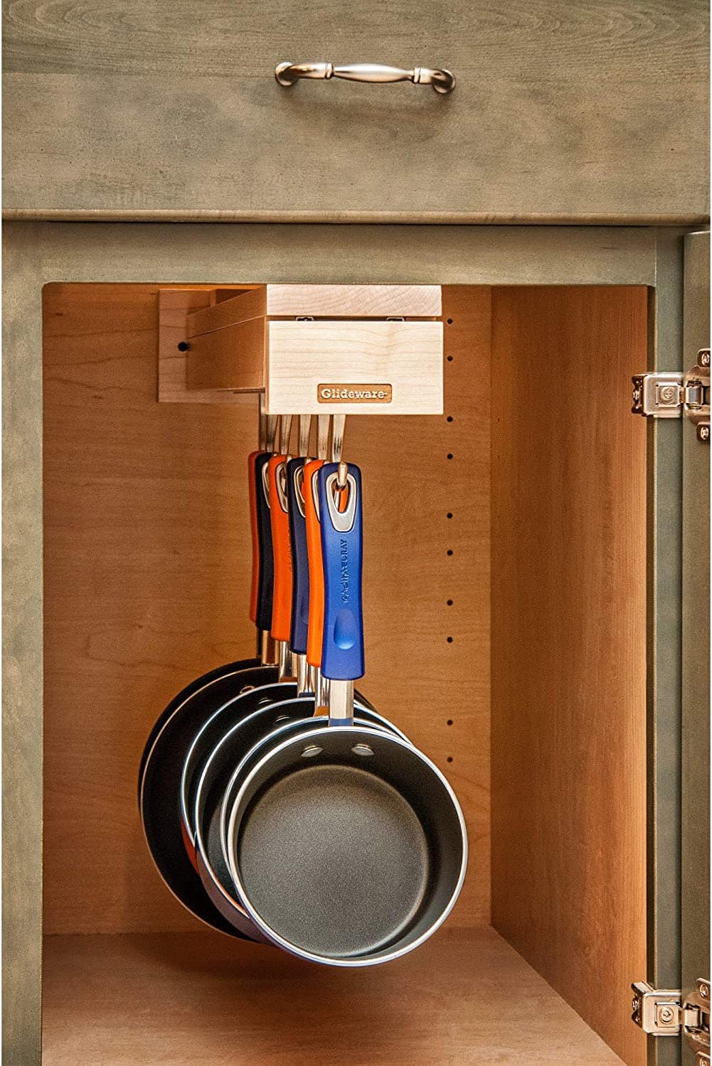Pull out organizer hook under the cabinet sliding storage with hanging pots.