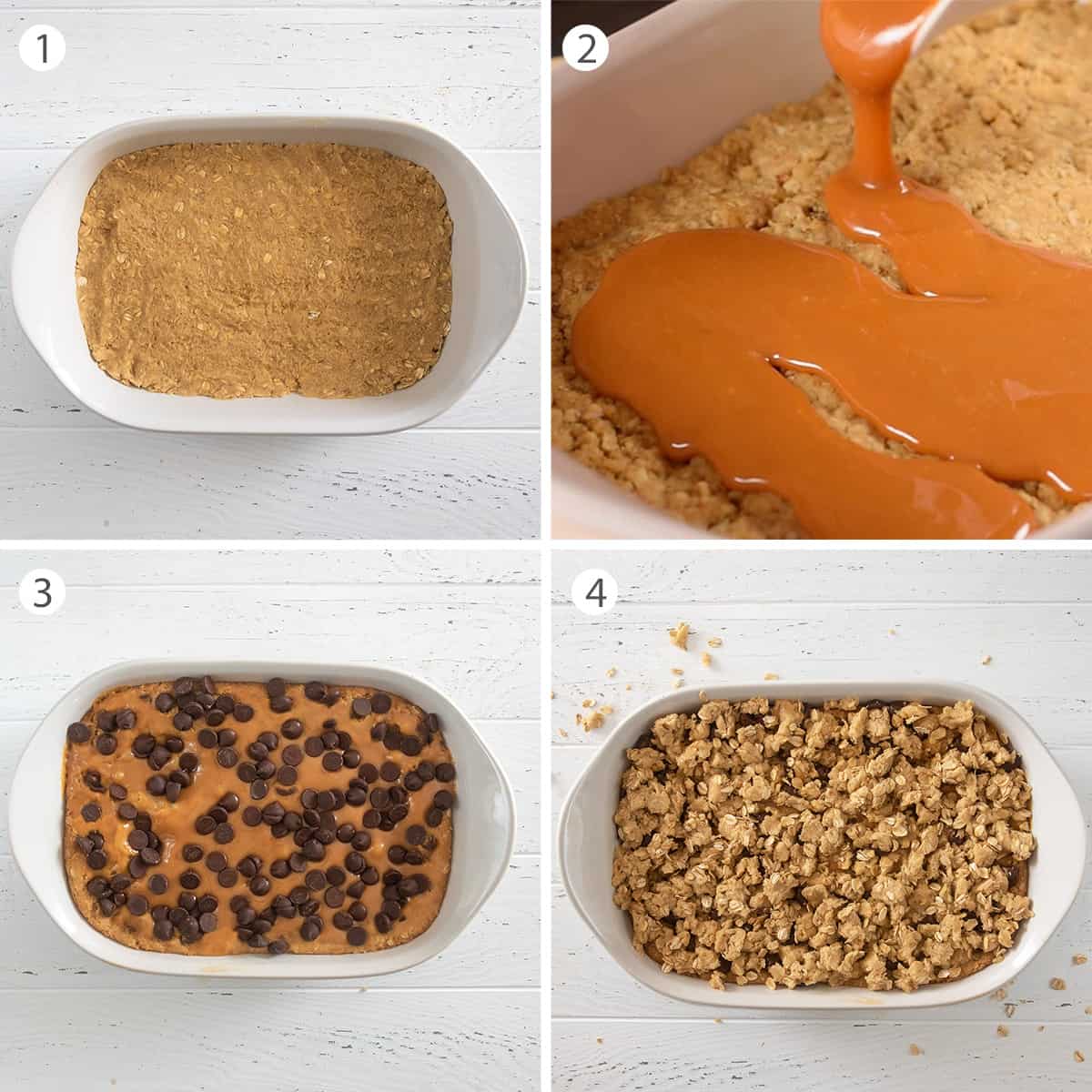 Collage of steps to make carmelitas including the oatmeal base, caramel sauce, and layering topping.