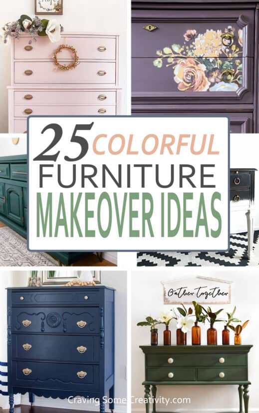 Collage of colorful painted furniture makeovers including a navy-blue tallboy, a purple dresser and petal pink dresser.