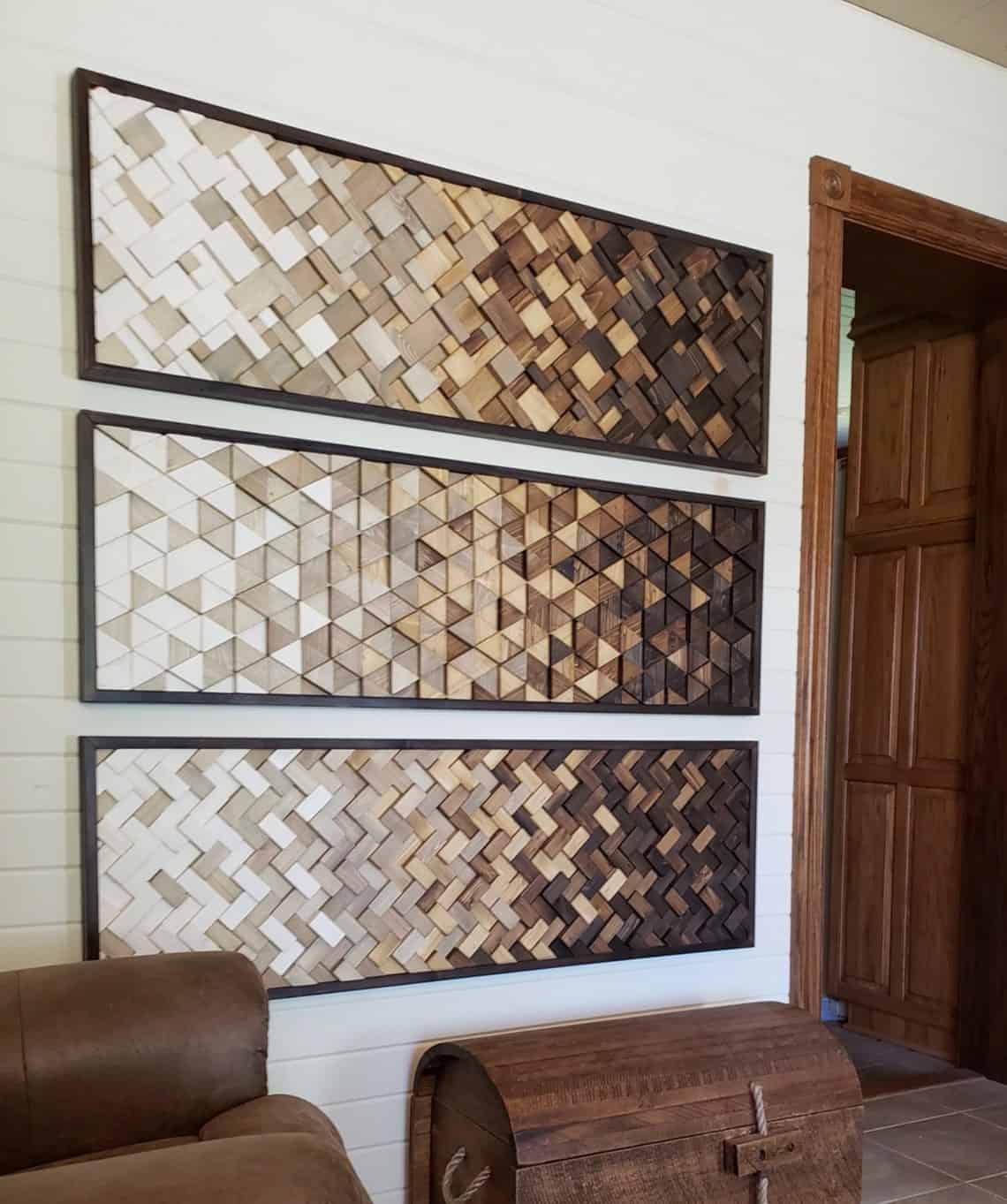 Three panel set with textured patterns of scrap wood ends and stained in gradient light to dark.