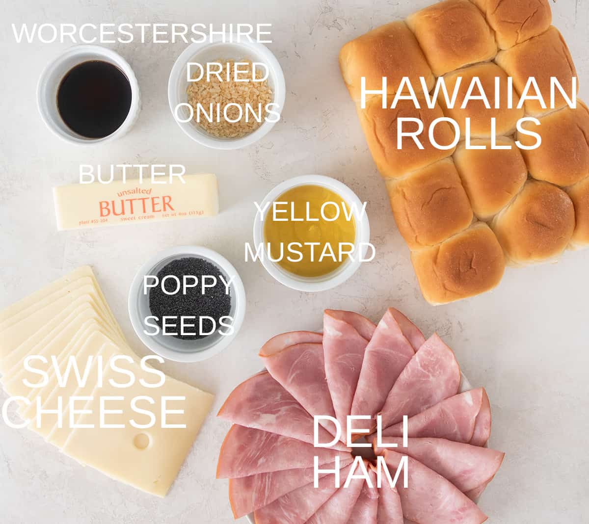 Ingredients to make Hawaiian roll sliders with text labels.