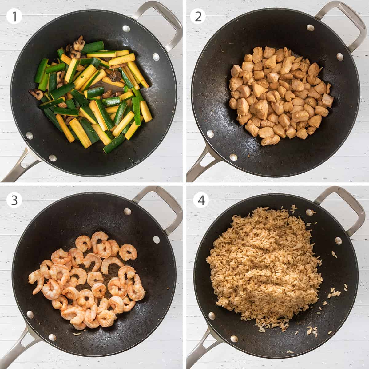 Collage of cooking steps to how to make hibachi including vegetables, chicken, shrimp, and fried rice.