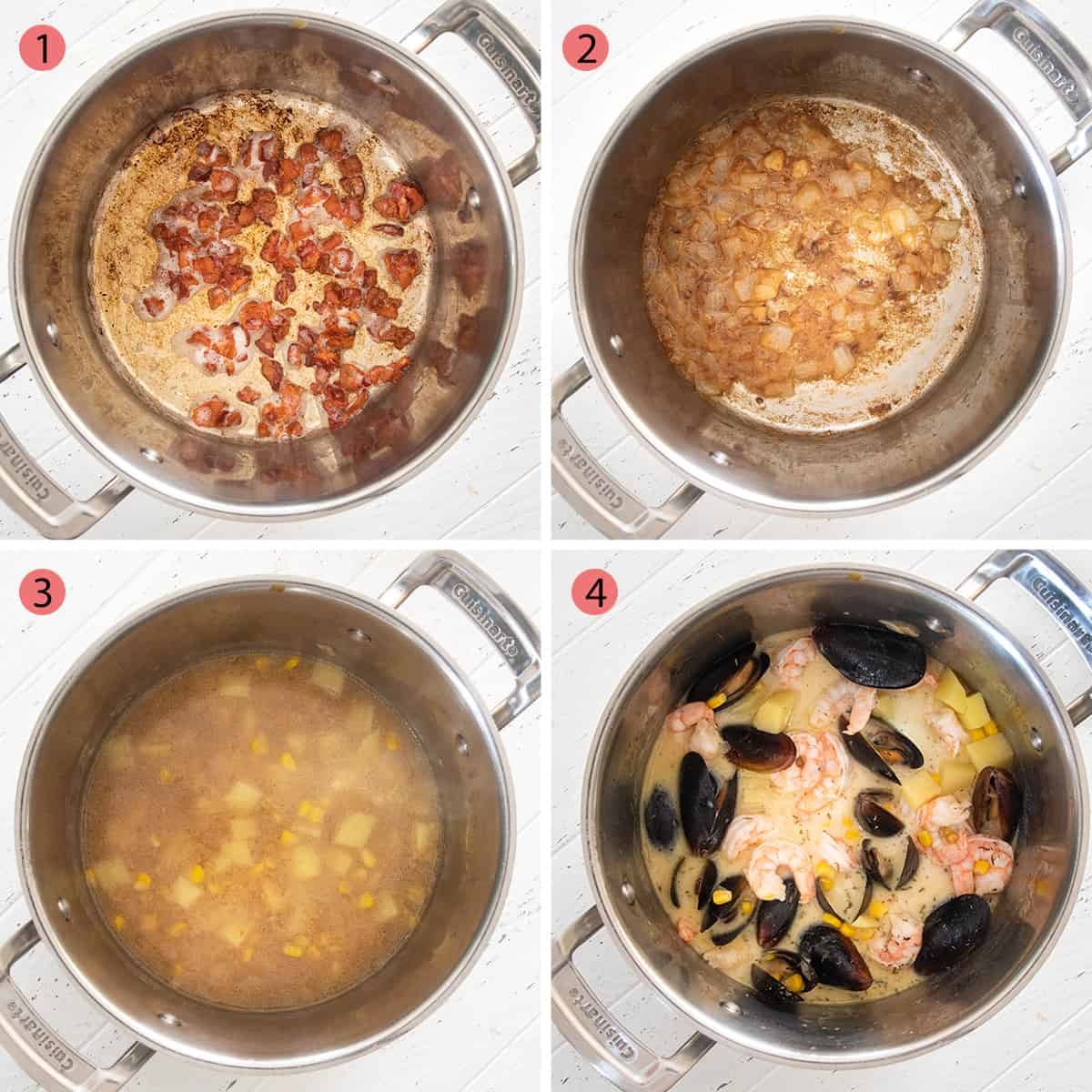 Collage of steps to make chowder including bacon, onions, broth, and seafood.