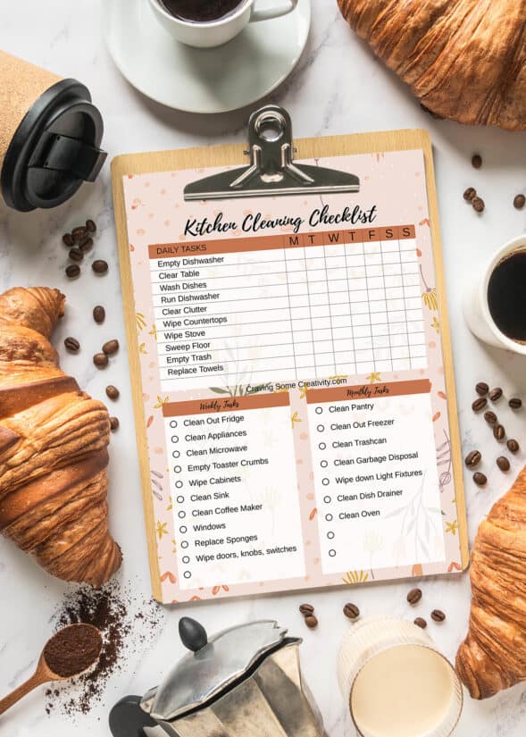 Kitchen cleaning schedule and checklist on a clipboard surrounded by coffee supplies.