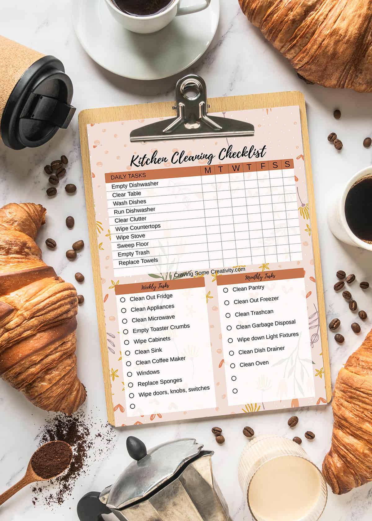 Kitchen cleaning schedule and checklist flat lay on a clipboard surrounded by coffee supplies.