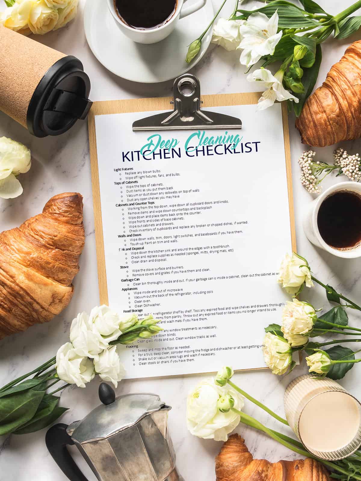 Kitchen deep cleaning checklist printable surrounded by flowers and coffee flat lay.