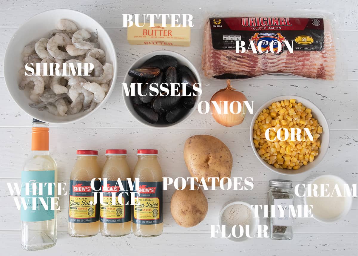 Seafood Chowder ingredients laid out on a table with text labels.