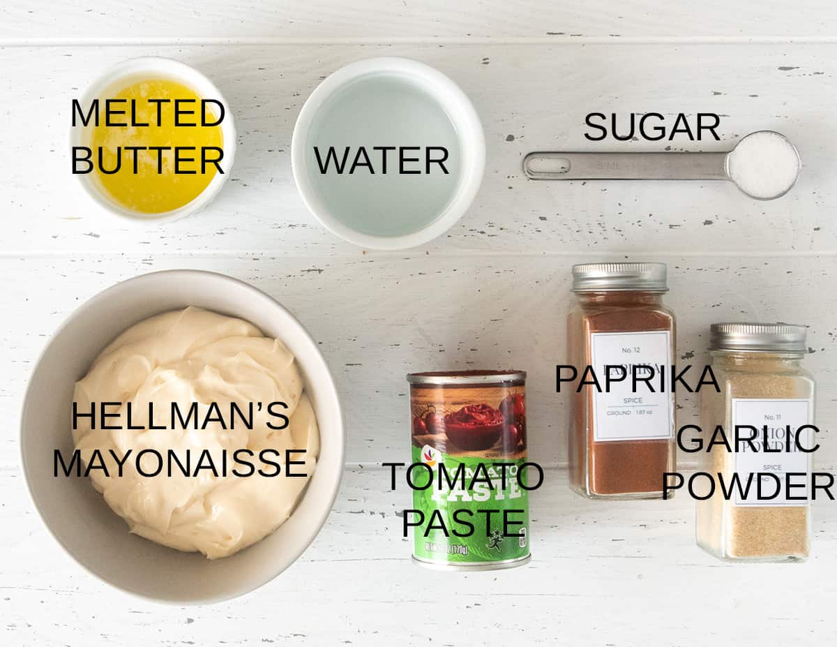 Yum yum sauce, also known as Japanese white sauce, ingredients laid out on a table with text labels.