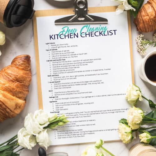 Kitchen deep cleaning checklist printable surrounded by flowers and coffee flat lay.
