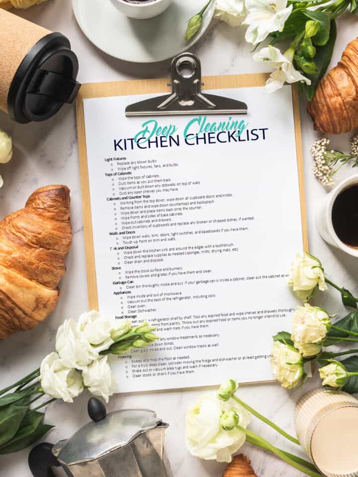 Kitchen deep cleaning checklist printable surrounded by flowers and coffee flat lay.
