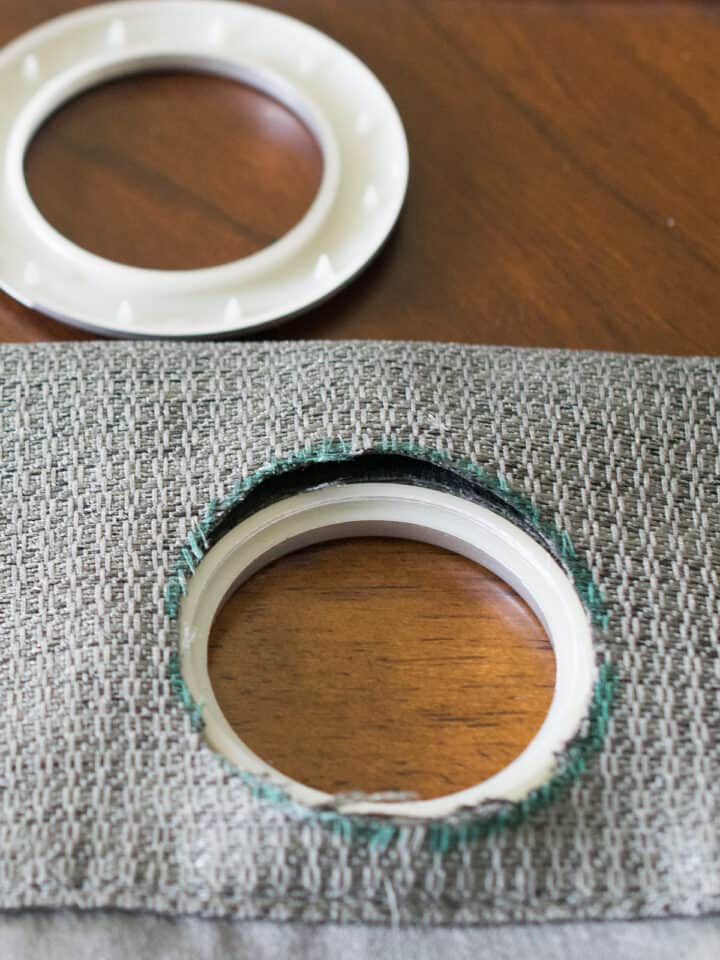 Collage showing process of making eyelet curtains and the finished product with title.