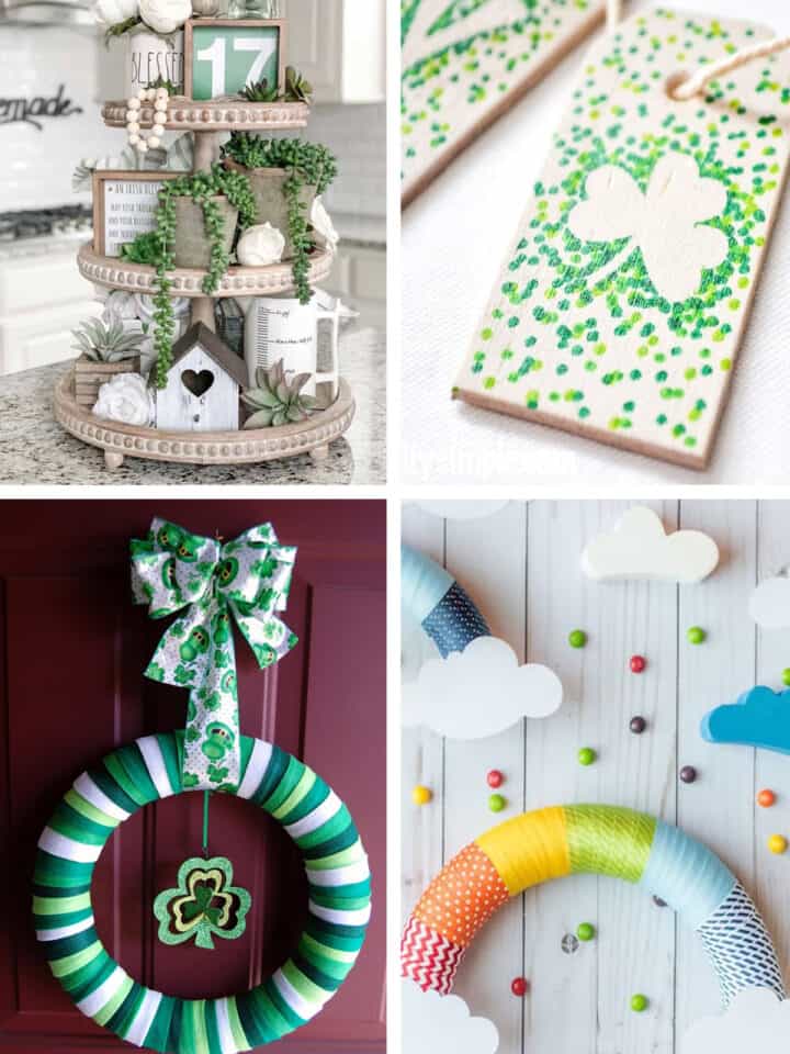 Collage of St Patrick's day crafts and decor ideas including shamrocks, rainbows, and green decorations with title overlay.