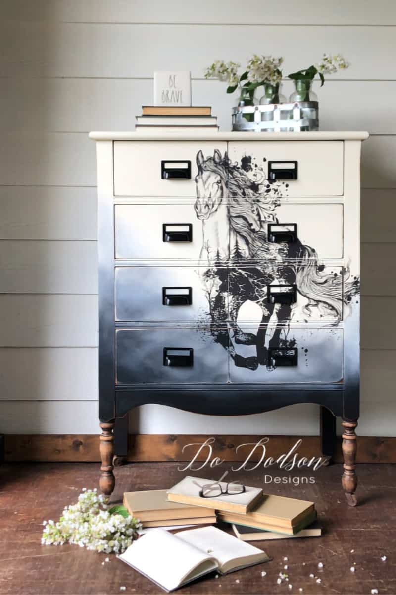 Black and white blended painted tall dresser with black horse image transfer and modern black hardware.