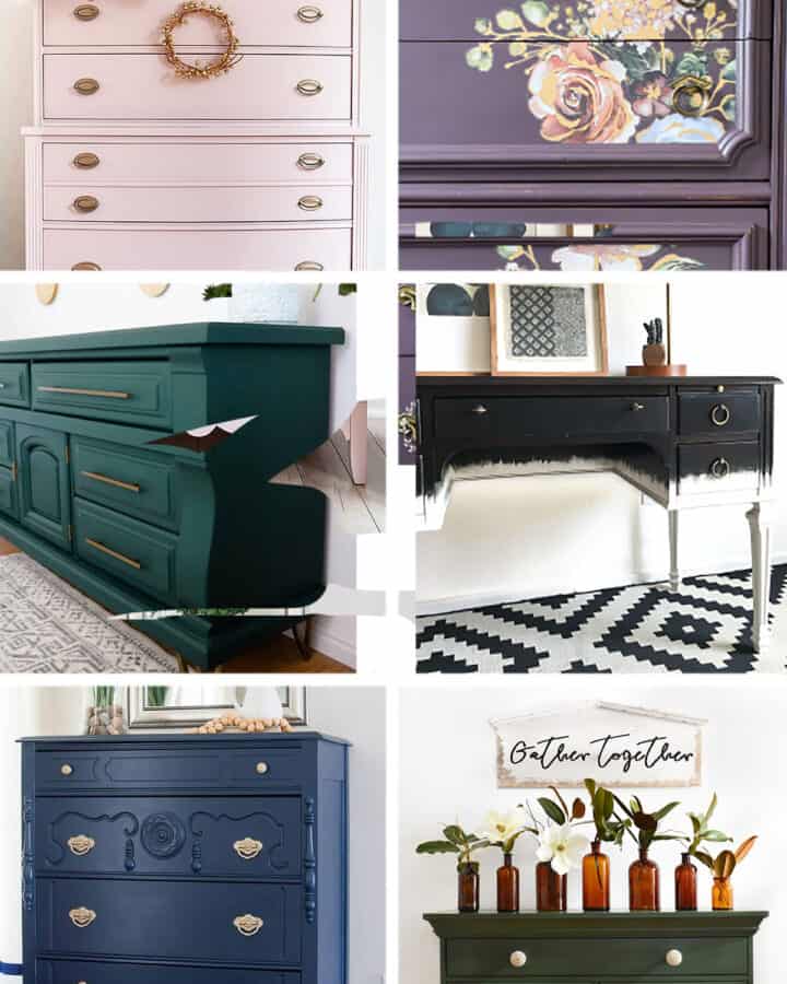Collage of colorful painted furniture makeovers including a navy-blue tallboy, a purple dresser and petal pink dresser.
