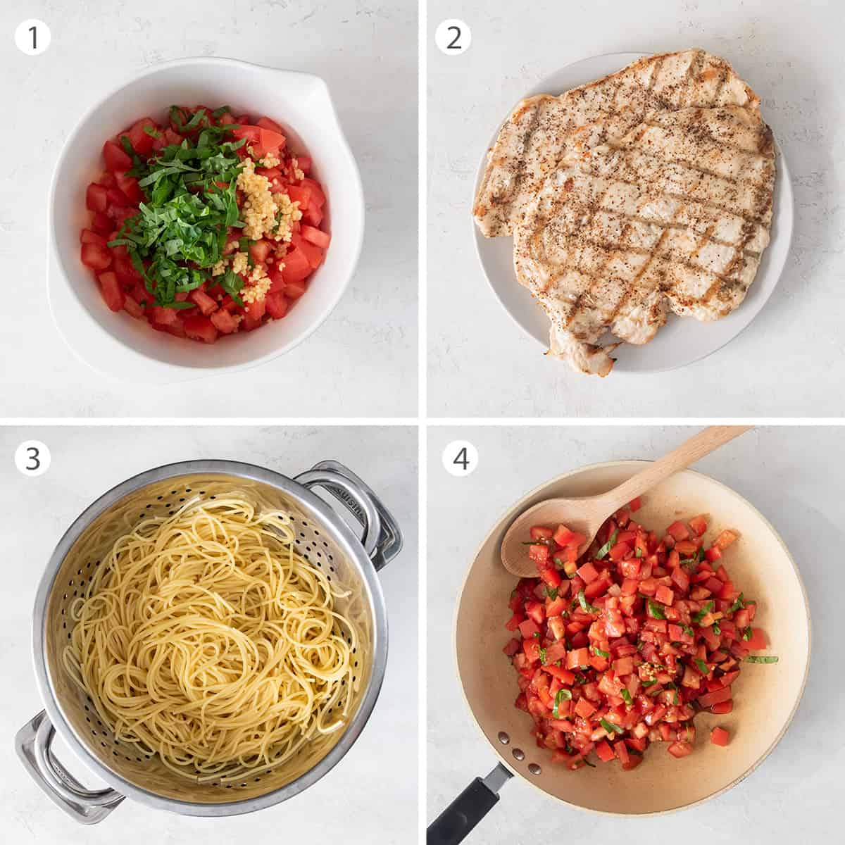 Collage of steps to make bruschetta pasta recipe with chicken.