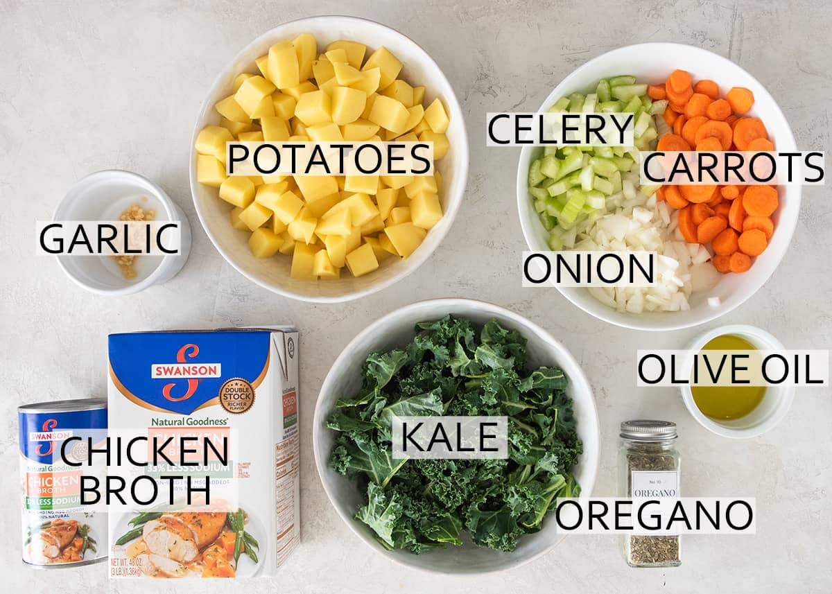 Basic chicken vegetable soup ingredients with text labels.