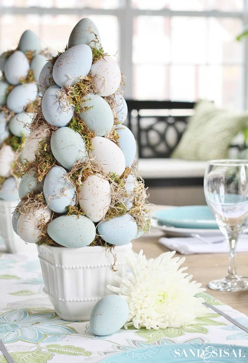 Robin's egg topiaries on a table centerpiece.