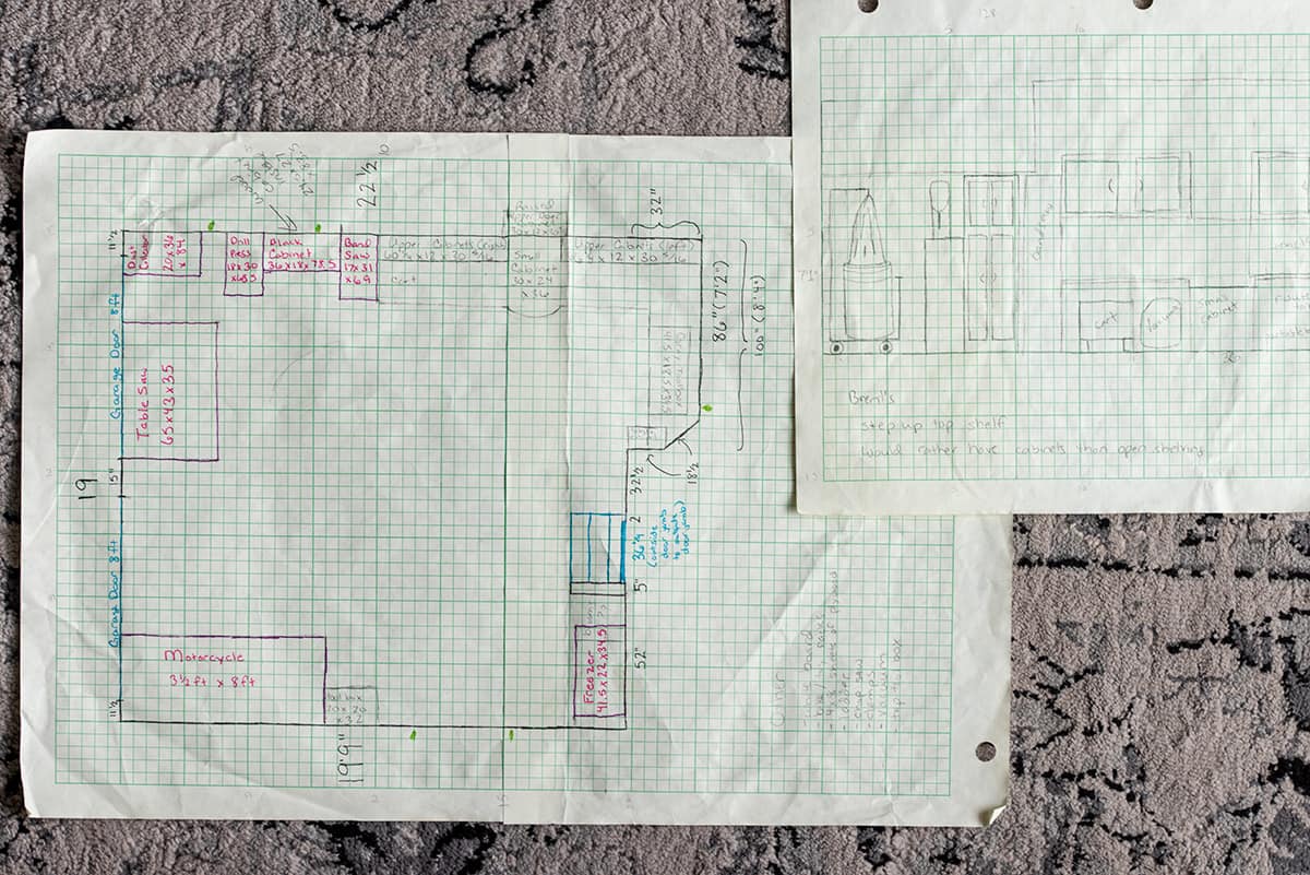 Garage organization ideas and plans drawn out on graph paper.