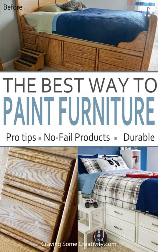 Collage of painting furniture before and after with post title of best way to paint furniture.