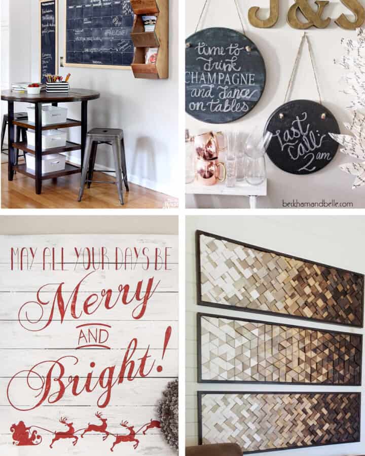 Collage of wall art ideas made from scrap wood.