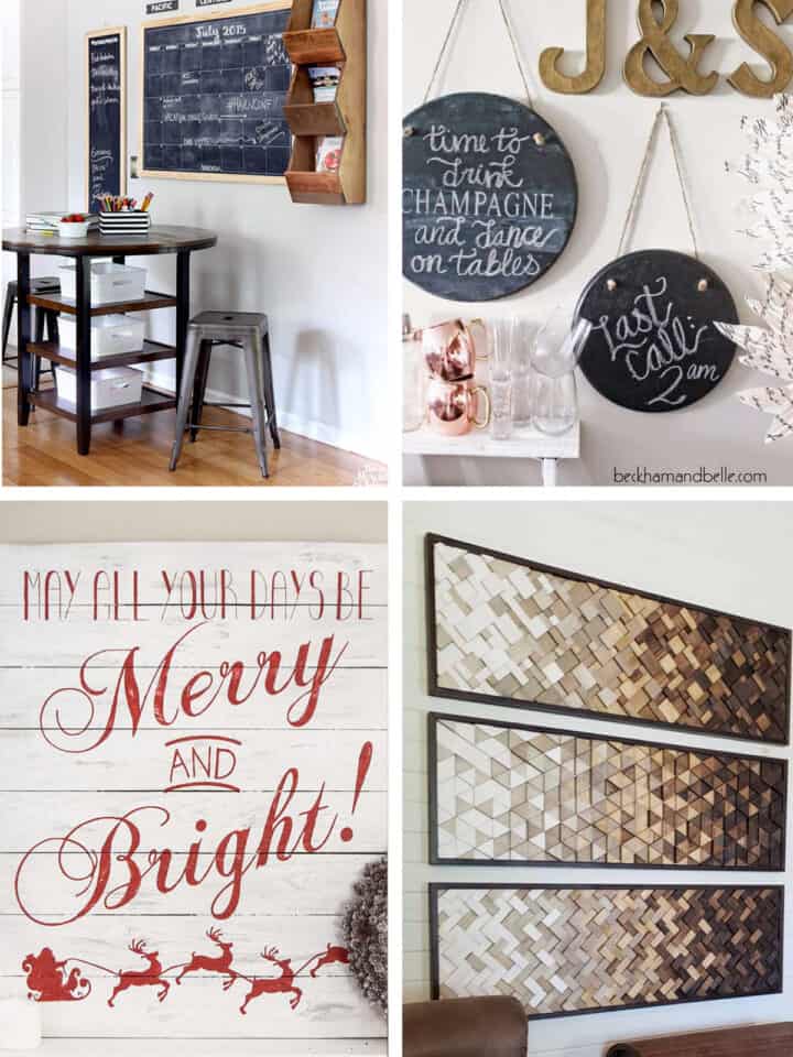 Collage of wall art ideas made from scrap wood.