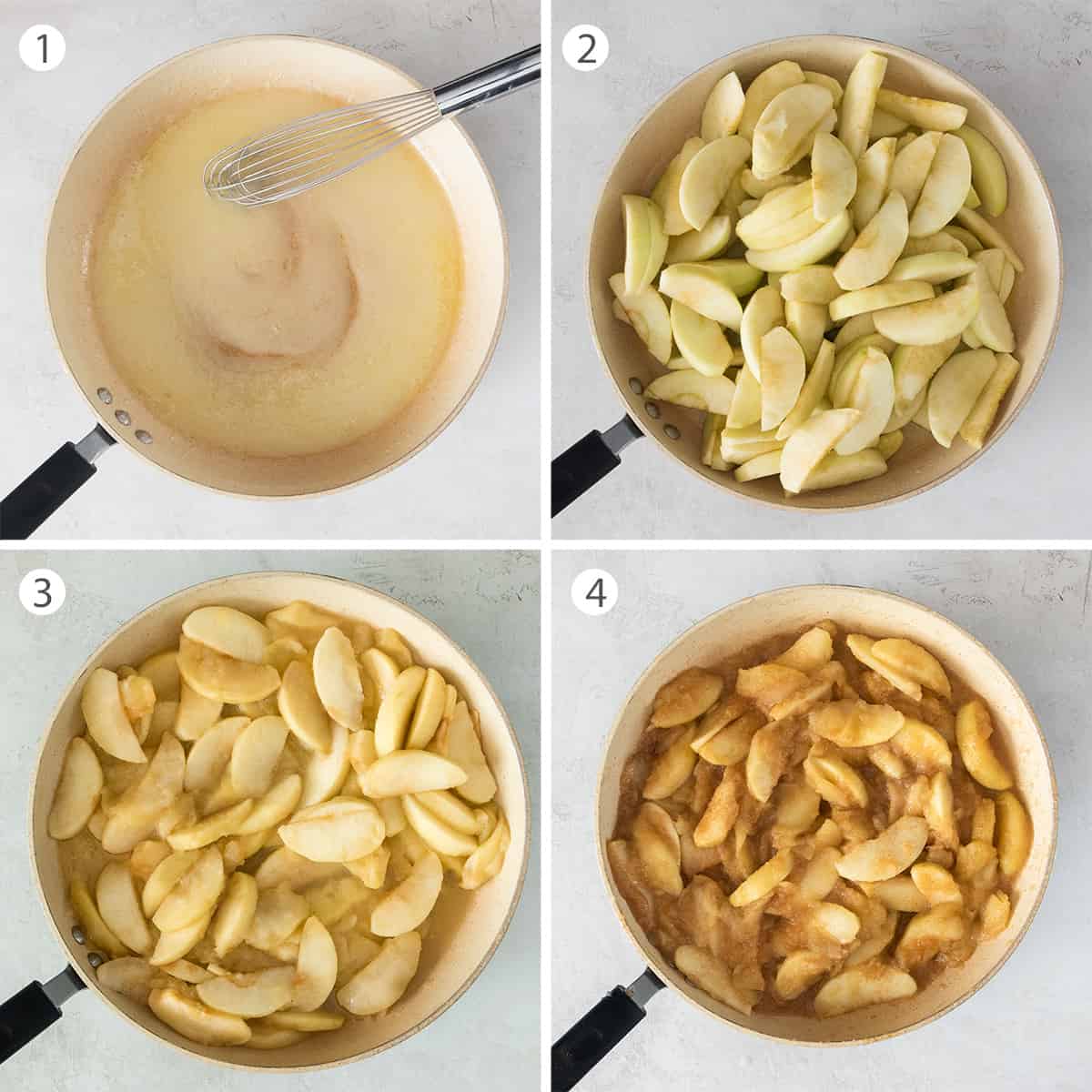 Steps to making fried apples including butter and before and after cooking the apples.