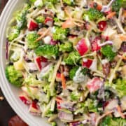 Overhead broccoli salad closeup to show texture and colors.