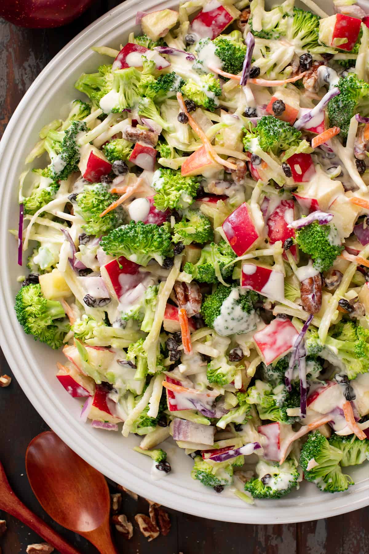 Overhead broccoli salad closeup to show texture and colors.