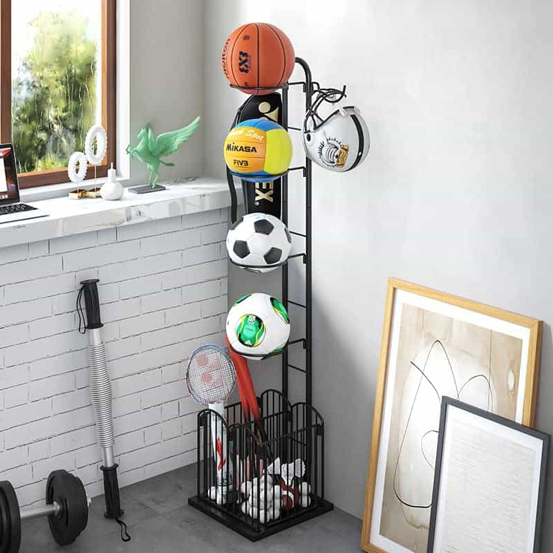 Small vertical sports ball storage rack that fits into tight spaces.