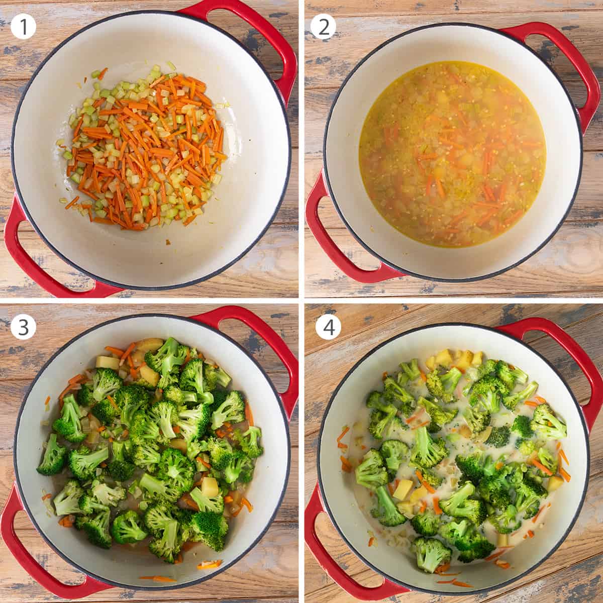 Steps to making broccoli cheese soup.